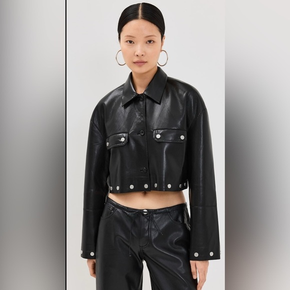 Nanushka Black Cropped Leather Jacket with Classic Collar Leather